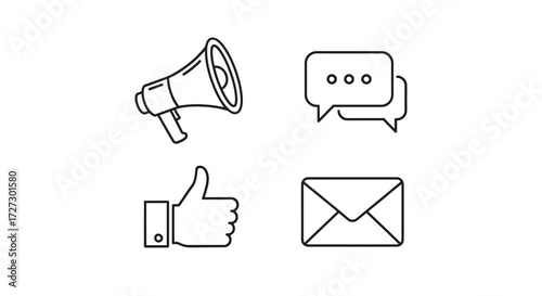 Boost your brand with these sleek marketing icons featuring a megaphone, speech bubble, thumbs up, and email envelope for dynamic communication strategies