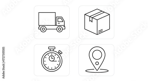 Streamlined delivery icons showcase fast shipping, package tracking, and precise location for modern logistics, highlighting speed and efficiency in transportation