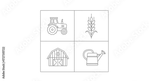 Explore the charming simplicity of farming life with this delightful line art collection showcasing a tractor, wheat, barn, and watering can in black and white