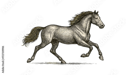 Elegant galloping horse engraving on olive background for artistic design and decoration