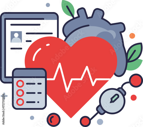 Cardiology healthcare concept with a heart icon, blood pressure monitor, and medical records for diagnosis and health checkup analysis. Vector illustration.
