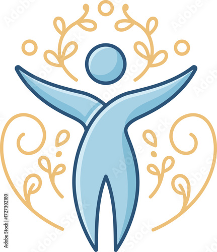 Pixel art vector illustration of a joyful human icon with ornate floral details. A symbol for wellness, spiritual growth, and harmony on a transparent background.