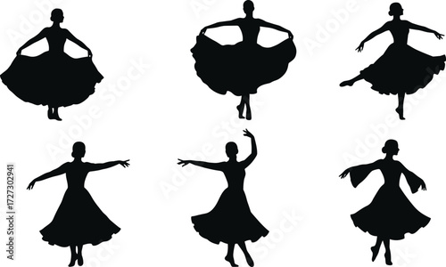 Ballet dancer silhouettes in flowing dresses, expressive classical poses, graceful choreography, elegant movement, artistic stage performance, dance illustration set