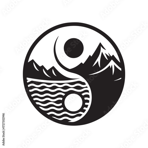 yin-yang shaped by ocean and mountain vector silhouette clip art logo design illustration