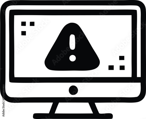 Computer screen displaying a warning alert symbol signifies an error or system problem needing immediate attention and troubleshooting