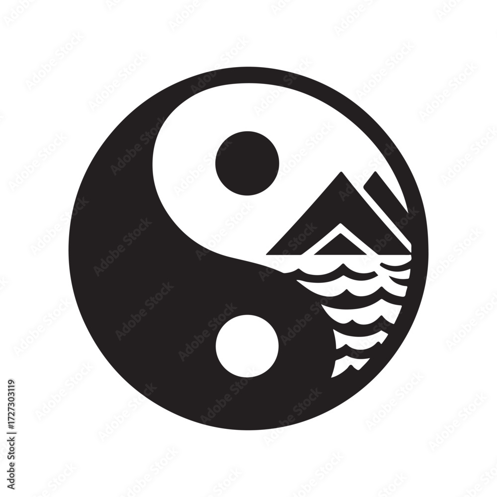 Fototapeta premium yin-yang shaped by ocean and mountain vector silhouette clip art logo design illustration