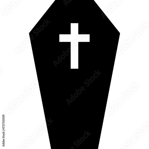 Halloween coffin, spooky casket with cross silhouette icon