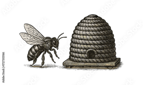 Intricate bee and hive engraving illustration for nature enthusiasts