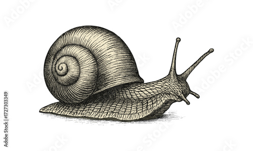 Intricate engraved snail illustration for artistic design and nature themes