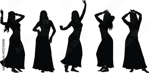 Belly dance silhouettes of women in flowing skirts, expressive stage poses, cultural choreography, graceful movement, artistic performance, elegant dance illustration