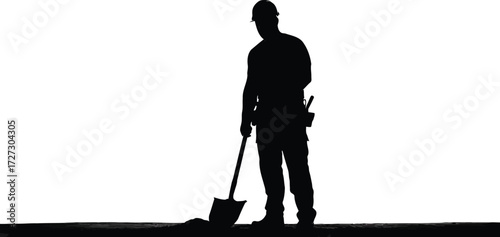 Silhouette worker digging with shovel on white vector