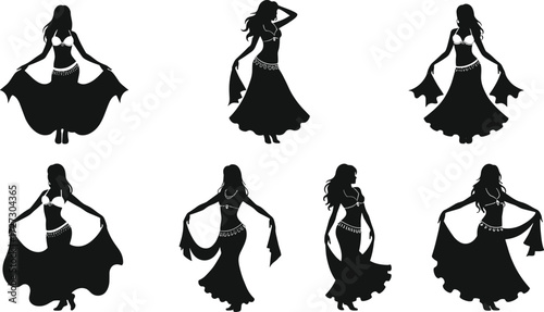 Belly dancer silhouettes with flowing scarves, traditional costume poses, expressive cultural dance illustration, elegant movement art, Middle Eastern performance design