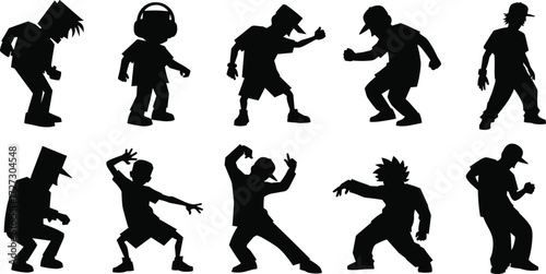 Cartoon character silhouettes in dynamic poses, expressive animated figures, playful dance movements, stylized illustration, entertainment art, creative design elements