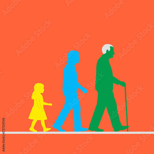 Silhouette of three generations walking together on vibrant background  