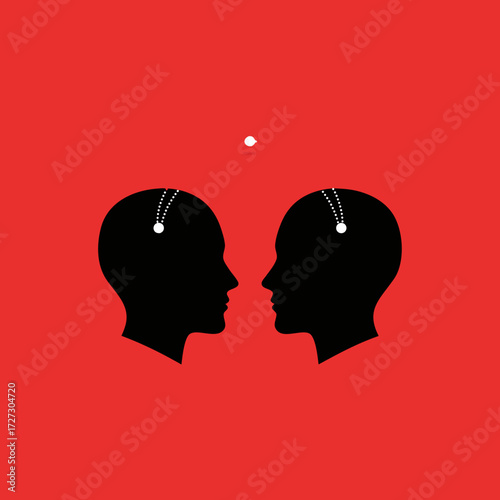 Two silhouettes facing each other with abstract connection symbol  