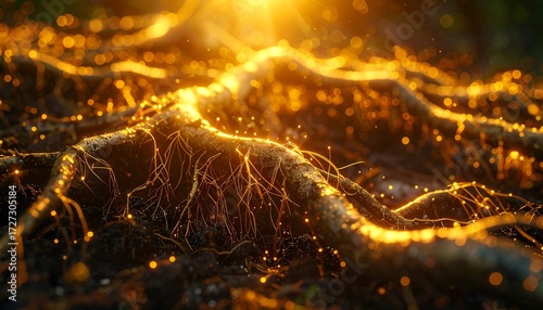 Ethereal Tree Roots Glowing in Golden Light with Sparkling Bokeh.