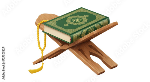 Isolated Islamic holy book Quran on wooden stand with prayer beads decoration object design