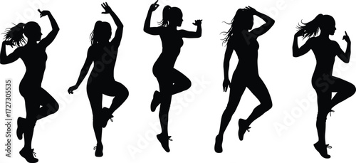 Dance and fitness silhouettes in energetic poses, expressive body movement, rhythmic choreography, exercise illustration, stage performance, modern motion art design