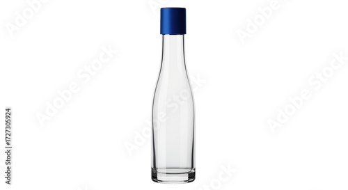 Isolated clear glass bottle with blue cap, beverage container, stylish carafe for water