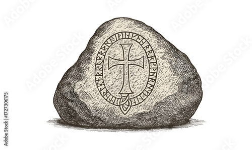 Engraved rune stone with cross symbol for historical and mystical themes