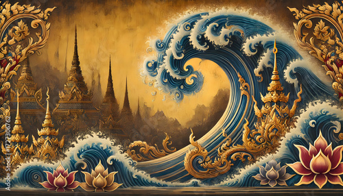 Thai Line Art The wave is highly stylized using intricate