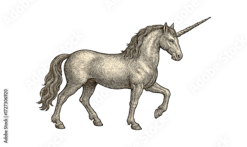 Elegant vintage unicorn engraving on antique gold background for art and design