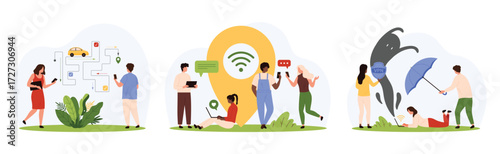 Online GPS navigation, pin location and VPN services set. Tiny people point local place on map, passengers control taxi route via mobile app, protect access with umbrella cartoon vector illustration