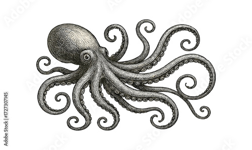 Engraved kraken illustration in vintage panorama style for nautical design projects
