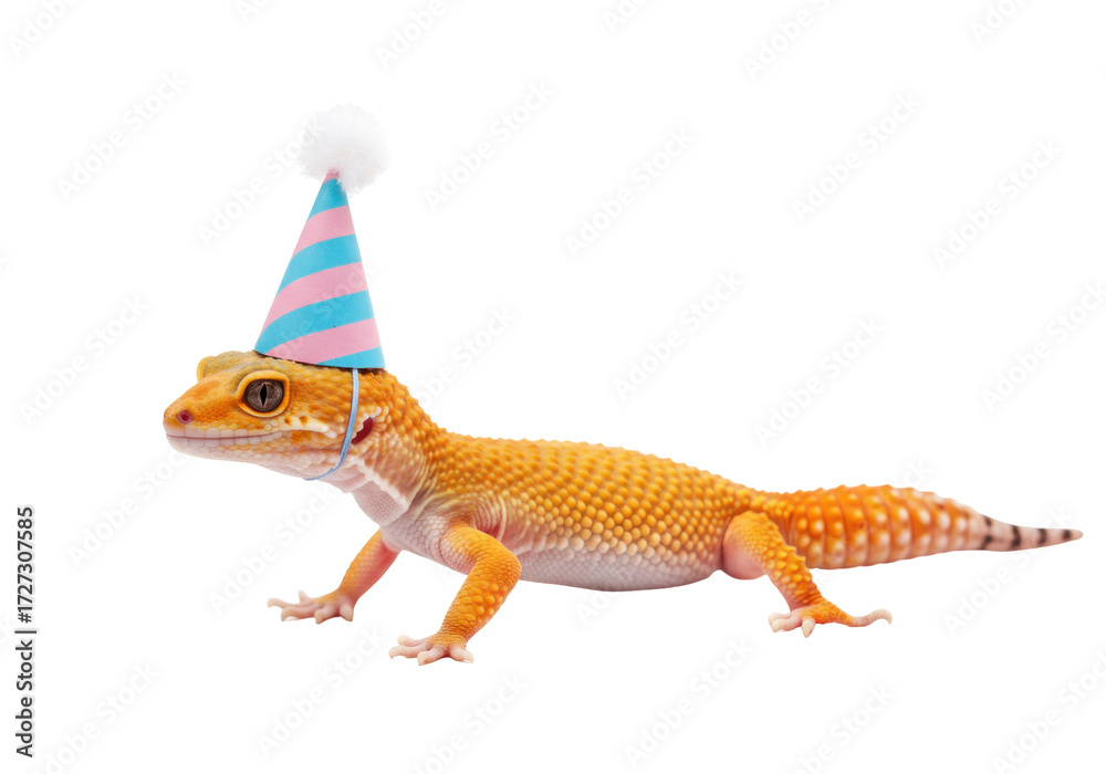 Obraz premium Isolated leopard gecko wearing a party hat in studio, animal celebration moment