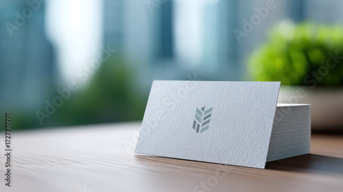 Professional white real estate business card mockup on wooden table. This elegant and clean branding identity represents successful business and corporate communication