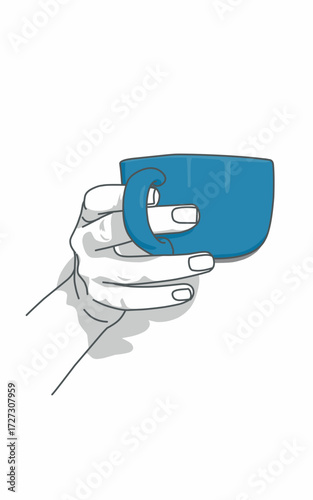 Hand holding a Blue mug on white background