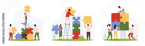 Business challenge and office team building, partnership set. Tiny people connect puzzle pieces together, corporate unity of partners and collaboration strategy metaphor cartoon vector illustration