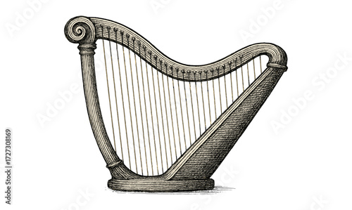 Antique harp illustration for musical history and design projects