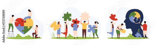 Teamwork on solution, building cooperation set. Tiny people holding puzzle parts together to fit together in heart, look through magnifying glass and find missing piece cartoon vector illustration
