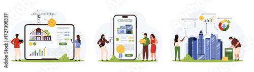 Real estate search, purchase and rental service set. Tiny people buy house for sale with help of agent holding key, choose location of building construction to invest cartoon vector illustration