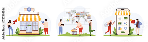 Retail store promotion, franchise, online shopping in mobile app set. Tiny people expand company with branches, pin location of small shop on map, select purchase category cartoon vector illustration