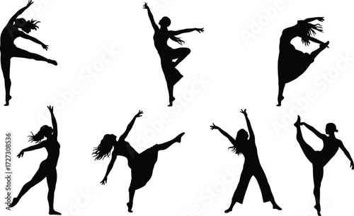 Female dancer silhouettes in flowing garments, expressive contemporary poses, modern choreography, graceful stage performance, artistic dance movement, elegant illustration set