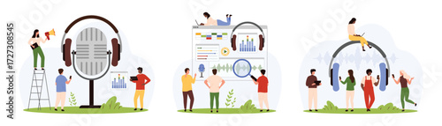 Record and listen to audio sound set. Tiny people recording voice or music with microphone, listening podcast or playlist on headphones using mobile app and sound settings cartoon vector illustration