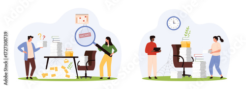 Office staff shortage, human resource crisis in corporate company set. Tiny people looking through magnifying glass at Vacant sign, paperwork overload for employees cartoon vector illustration