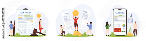 Tax form filing, deduction of taxation, accounting service set. Tiny people research financial chart reports in mobile app, cut invoice document to reduce payments cartoon vector illustration