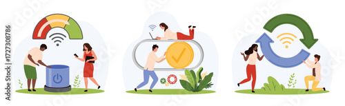 Mobile application settings, software update and control set. Tiny people reload and renew work process of tech system with circular arrow, press power button, move slider cartoon vector illustration