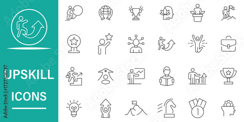 Upskill related icons set in line style. Collection of personal knowledge, growth, course, development, education, upskilling, personal growth, career and more. Editable stroke. Vector illustration.