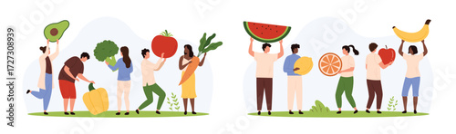 Healthy food, nutrition and diet with fresh garden vegetables and fruits set. Tiny people holding vitamin organic harvest for eating, cooking vegetarian dishes in kitchen cartoon vector illustration