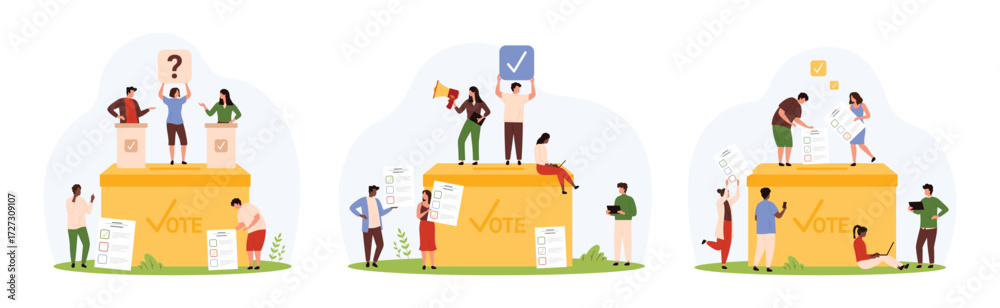 © Iconic Prototype - Election voting, referendum and democracy set. Tiny people vote for candidate, put paper ballots with list into container, voter holding signs with question and tick cartoon vector illustration © Iconic Prototype - Election voting, referendum and democracy set. Tiny people vote for candidate, put paper ballots with list into container, voter holding signs with question and tick cartoon vector illustration