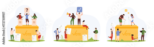 Election voting, referendum and democracy set. Tiny people vote for candidate, put paper ballots with list into container, voter holding signs with question and tick cartoon vector illustration