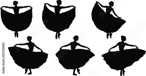 Female dancer silhouettes with large flowing skirts, expressive stage poses, graceful choreography, elegant movement, cultural performance, artistic dance illustration set
