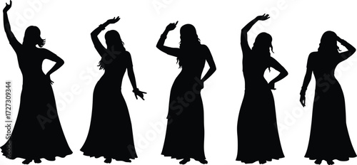 Female dancer silhouettes in long flowing dresses, expressive stage poses, graceful choreography, elegant movement, artistic performance, cultural dance illustration set