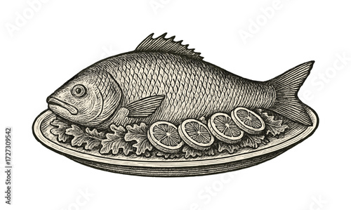 Vintage fish platter with herb garnish and lemon slices - elegant culinary illustration for kitchen decor