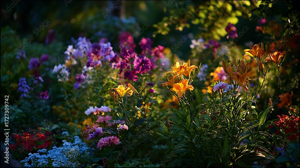Obraz premium Natural flower garden glowing with last light of day