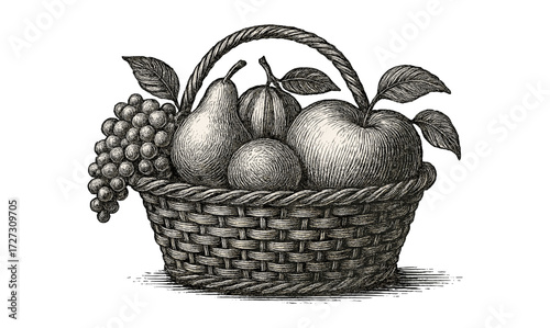 Vintage fruit basket illustration with pears, grapes, and apple - perfect for classic design, card, and print